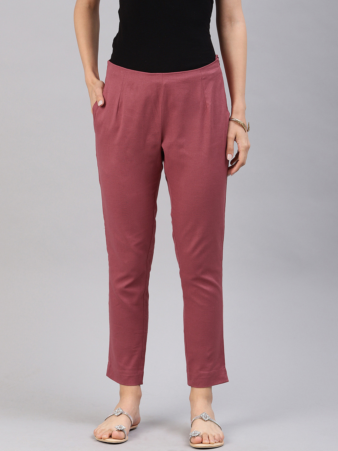 Buy Alena Women Pink Slim Fit Solid Linen Cigarette Trousers - Trousers for Women 10484088 | Myntra