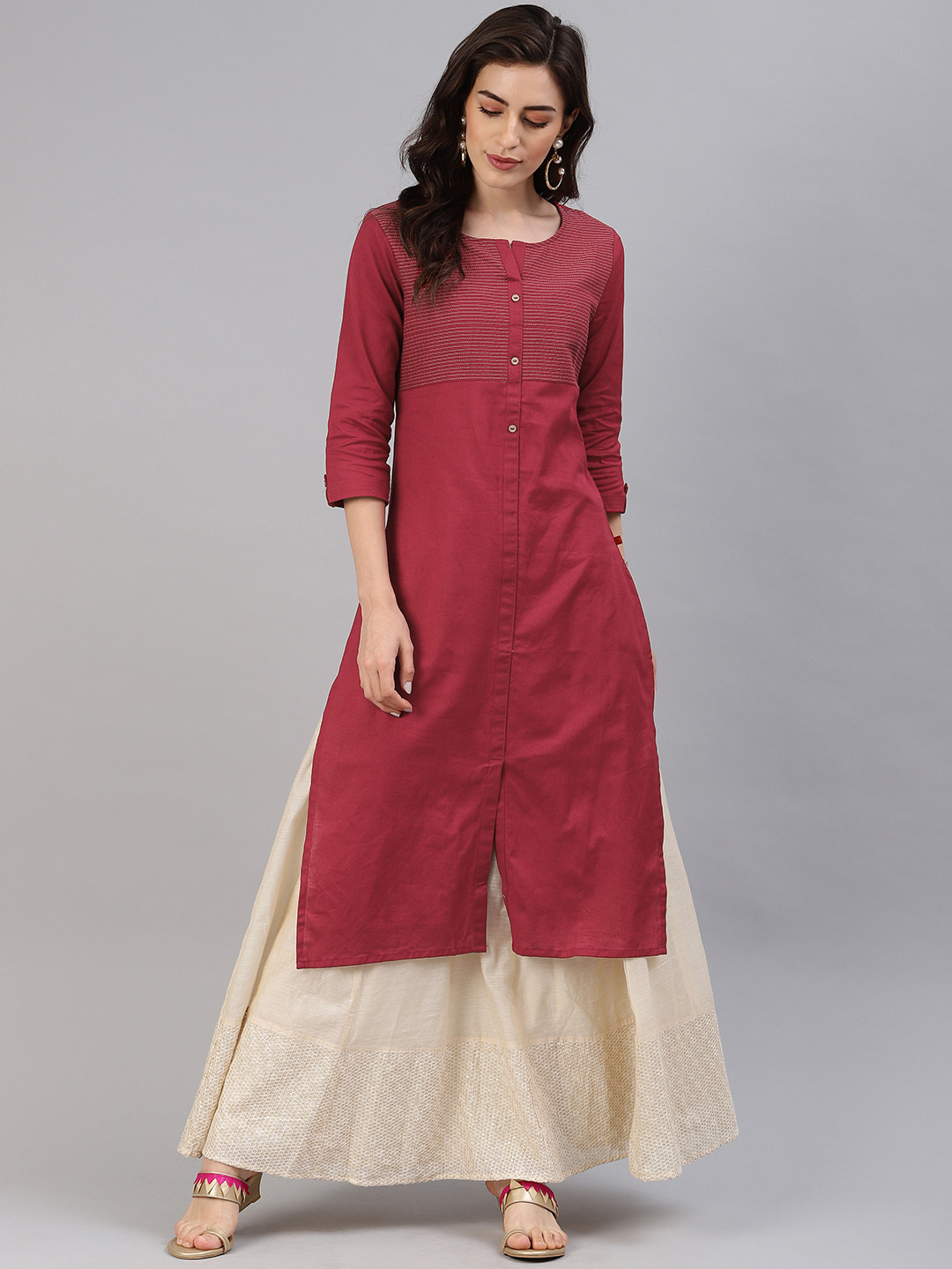 Women Red Half Sleeve Rayon A-Line Kurta main image 0