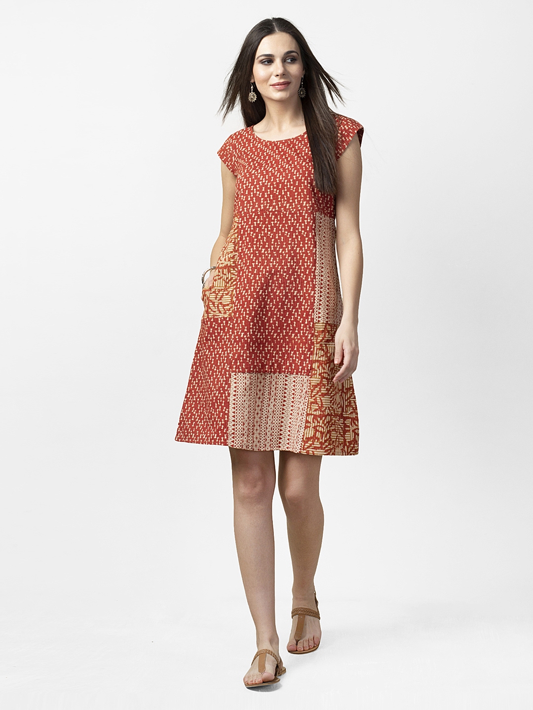 Buy Fabindia Women Rust Red & Beige Handblock Print A Line Dress - Dresses for Women 10485914 