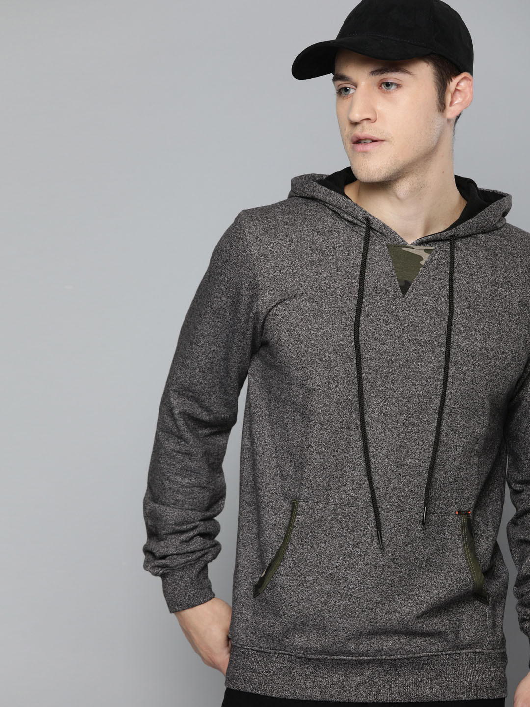 Buy SINGLE Men Charcoal Grey Solid Hooded Sweatshirt Sweatshirts for