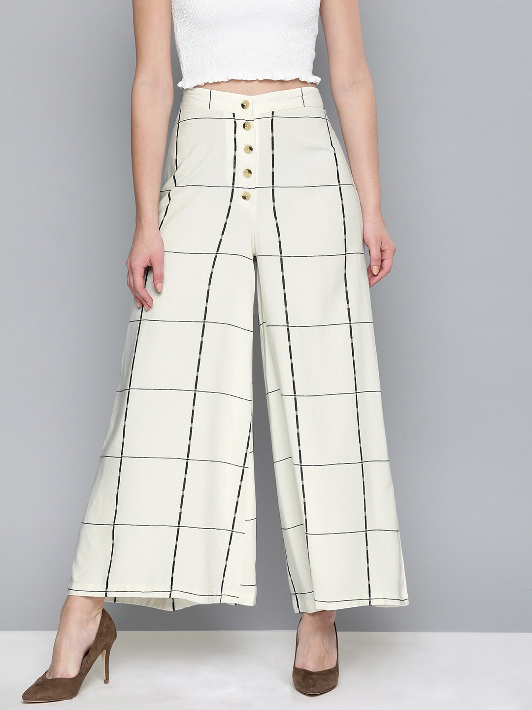 Buy HERE&NOW Women Off White & Black Checked Flared Trousers - Trousers