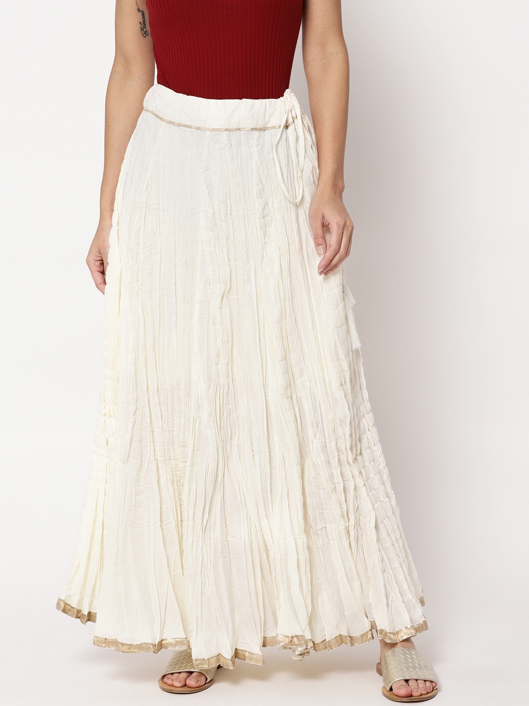 Buy Fabindia Women Off White Solid Pure Cotton Crinkled Maxi Flared ...