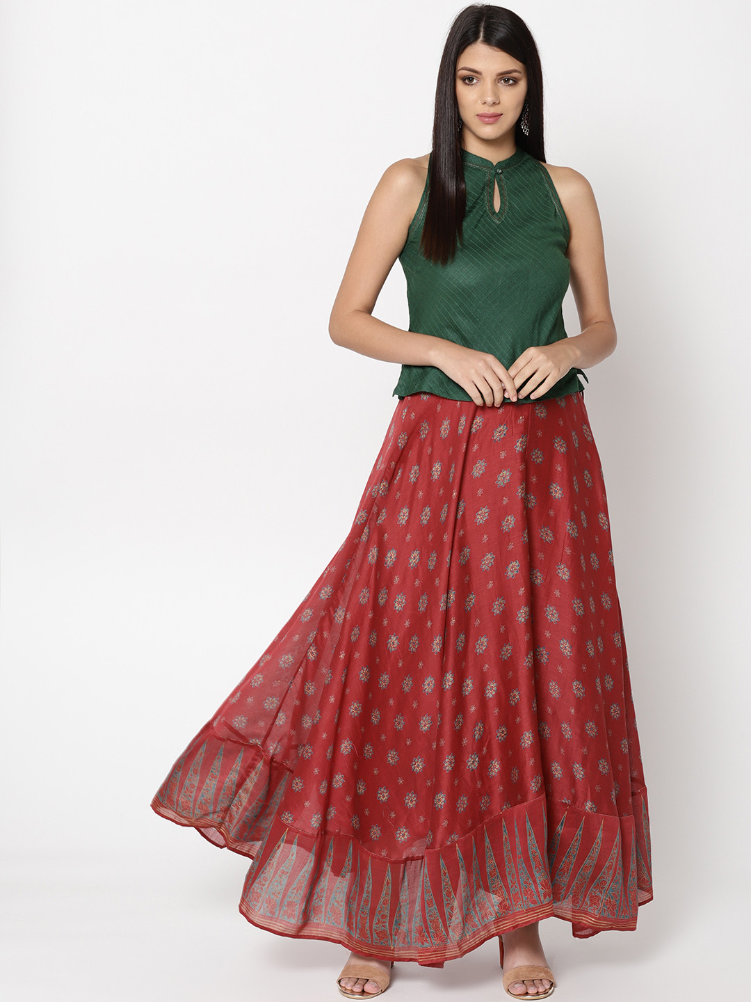 Buy Fabindia Women Green & Maroon Self Design Top With Skirt Co Ords