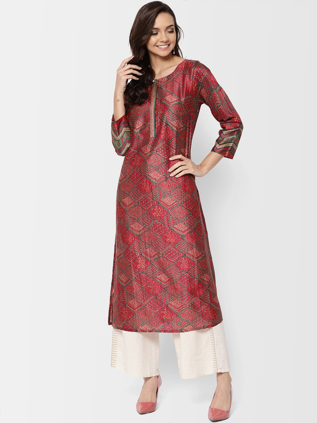 Women Green & Red Striped Straight Kurta