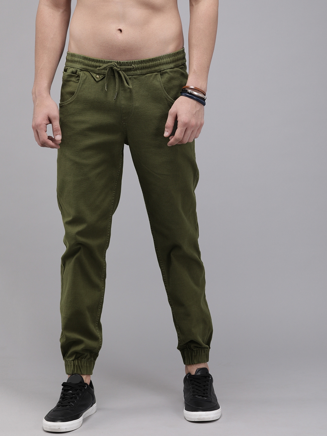 Buy Roadster Men Olive Green Regular Fit Solid Joggers - Trousers for ...
