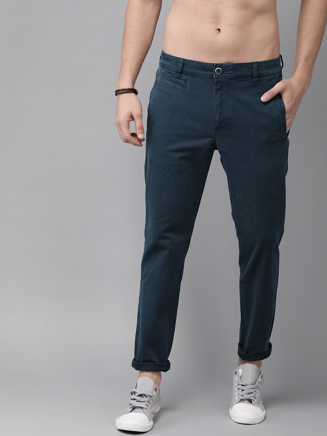 Buy The Roadster Lifestyle Co Men Navy Blue Regular Fit Solid Chinos ...