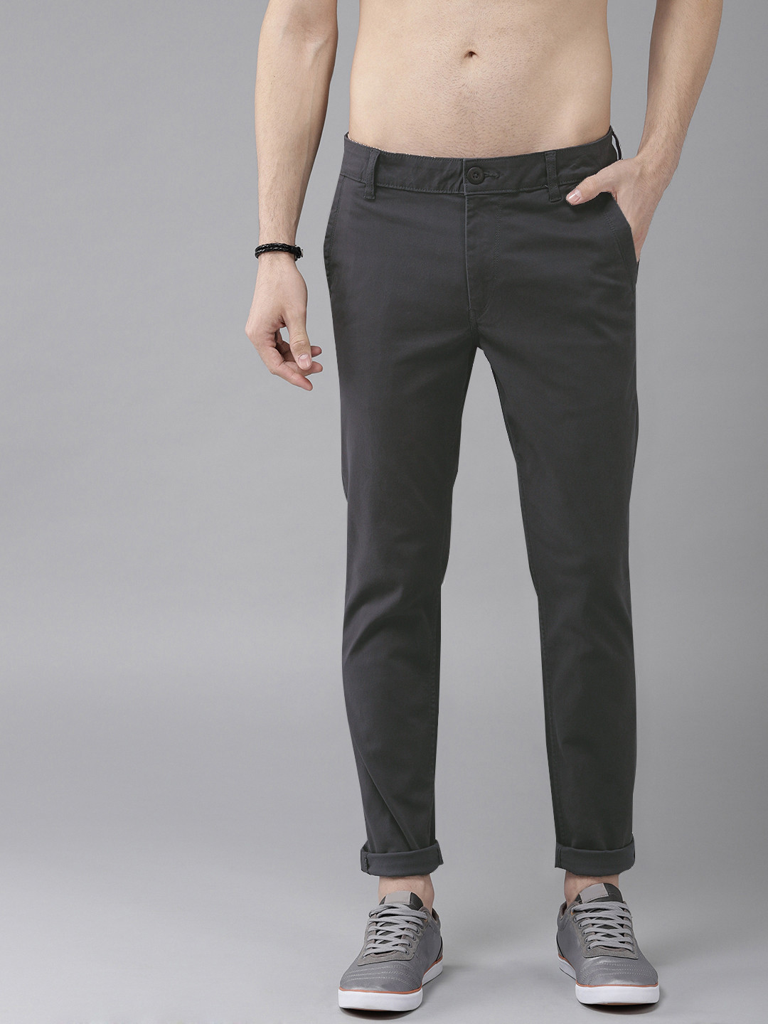 Buy The Roadster Lifestyle Co Men Grey Regular Fit Solid Chinos ...