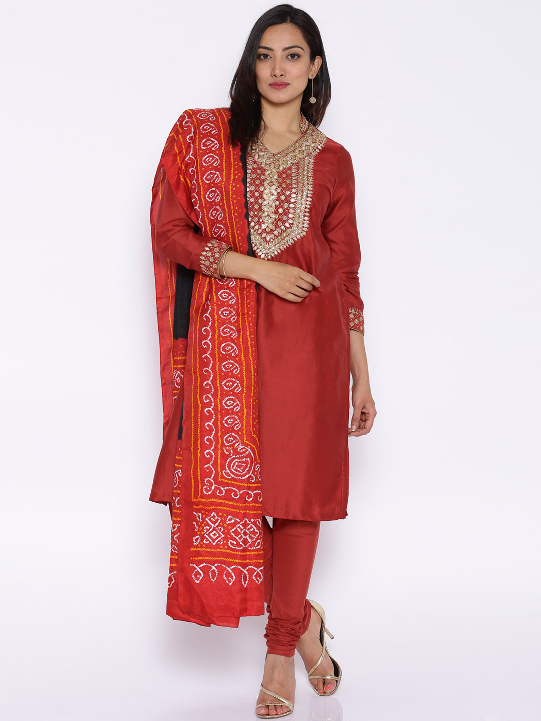 Buy BIBA OUTLET Brick Red Embroidered Churidar Kurta With Dupatta