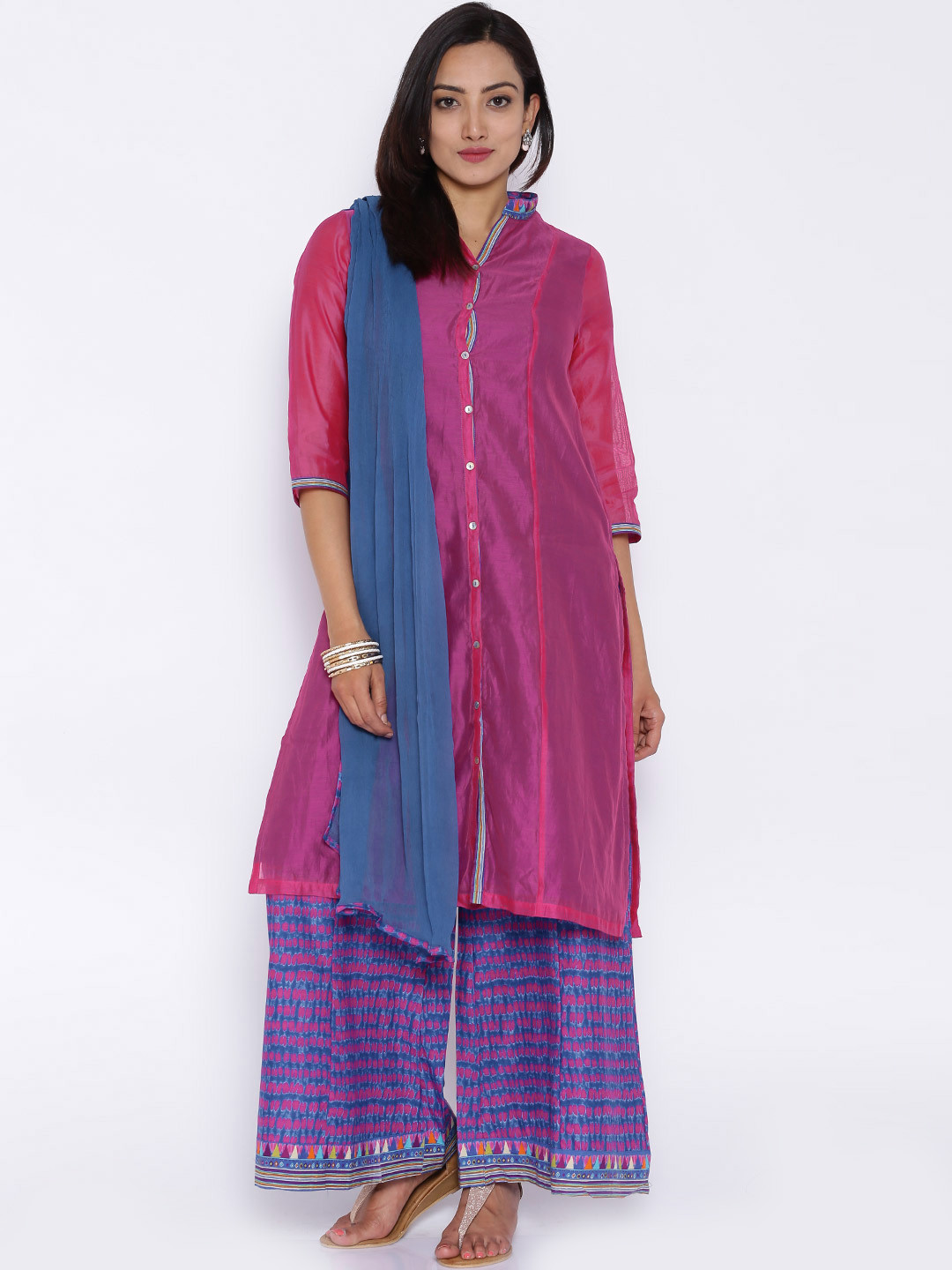 Buy BIBA Pink And Blue Kurta With Palazzo Trousers And Dupatta Kurta