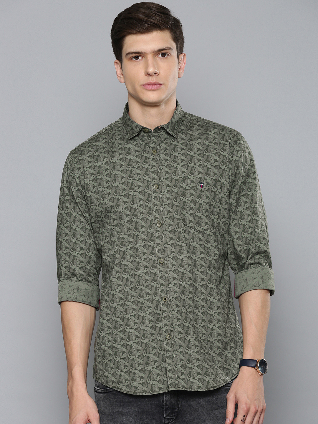 Buy Louis Philippe Jeans Men Olive Green & Grey Slim Fit Printed Casual Shirt - Shirts for Men 