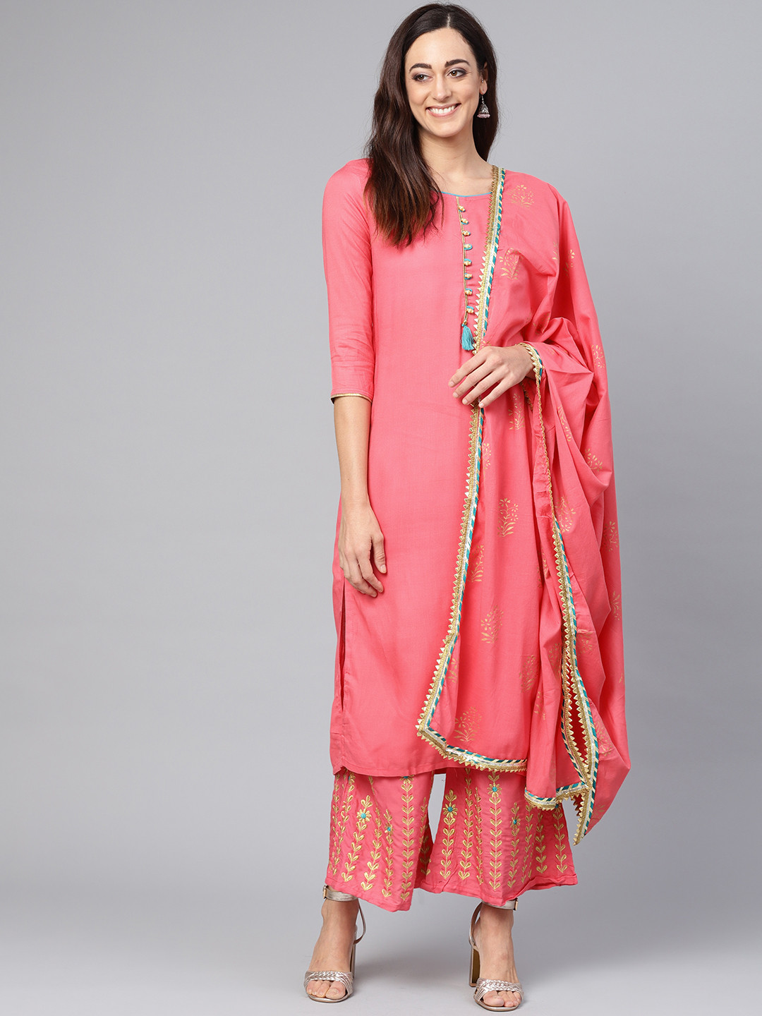 Buy Ishin Women Coral Pink Solid Kurta With Palazzos & Dupatta Kurta