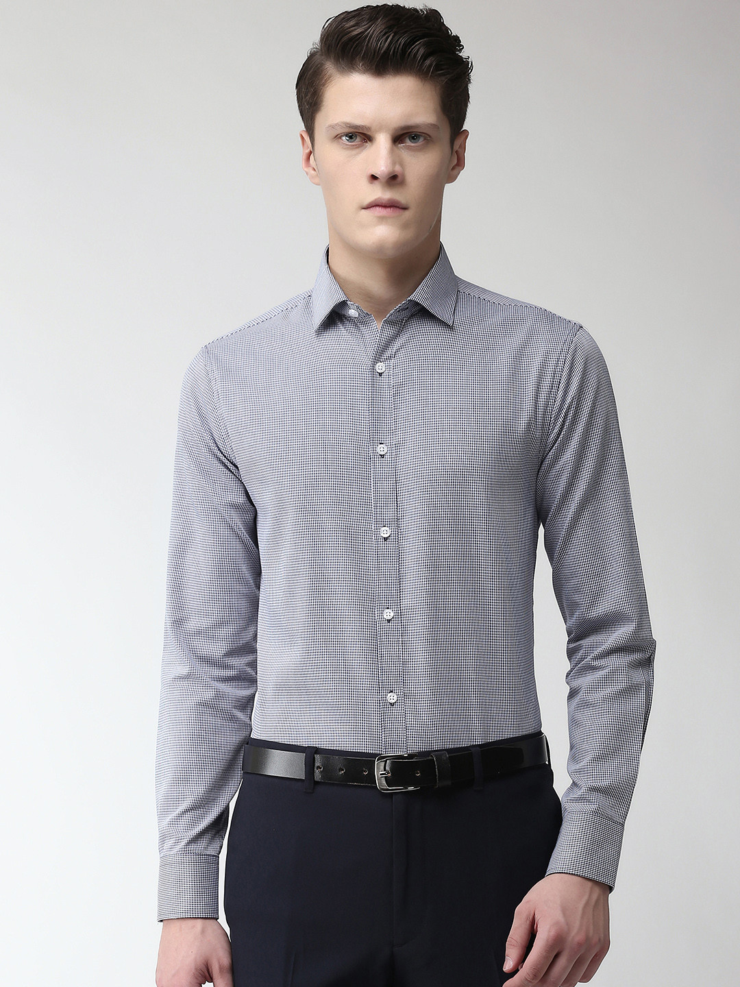 Buy Marks & Spencer Men Navy Blue & Off White Skinny Fit Self Design ...