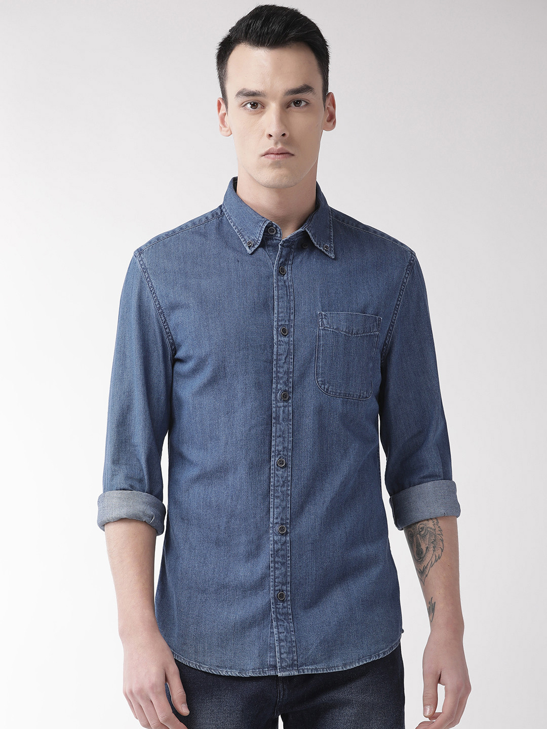 Buy Marks & Spencer Men Blue Regular Fit Solid Casual Denim Shirt