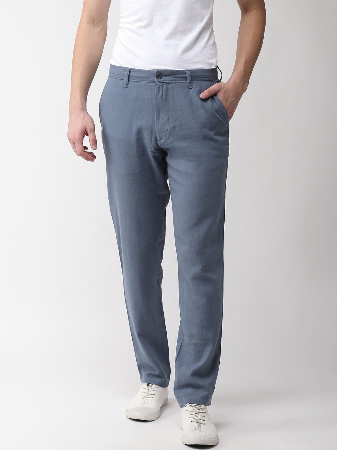 Buy Marks & Spencer Men Blue Slim Fit Solid Regular Trousers - Trousers ...