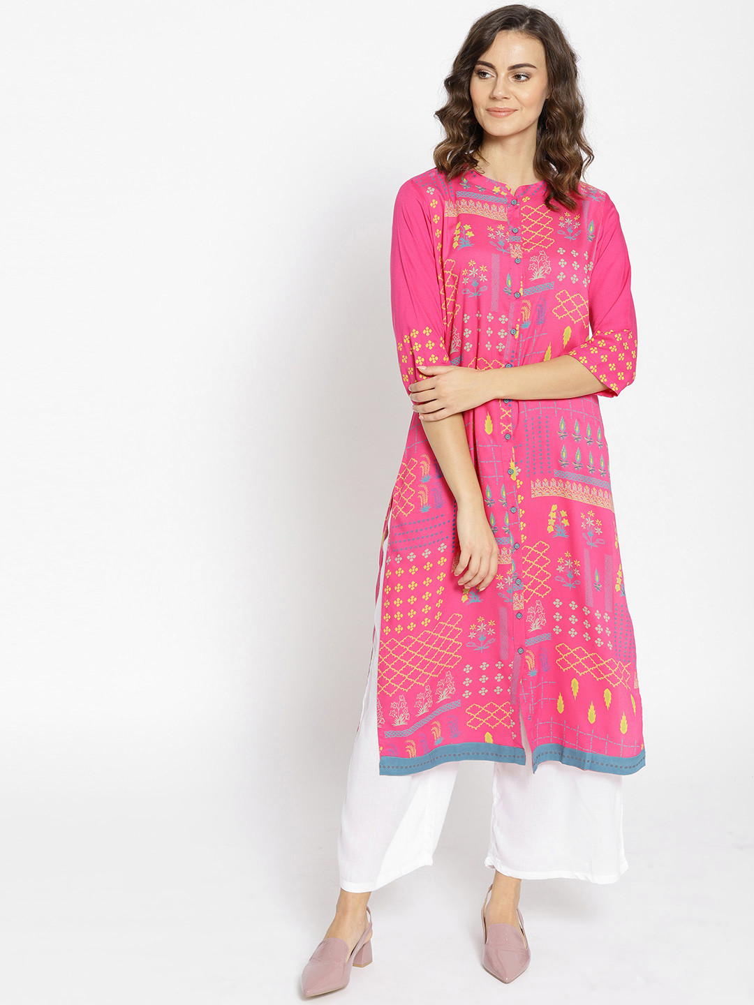 Women Pink & Off-White Printed Kurta With Palazzos & Dupatta
