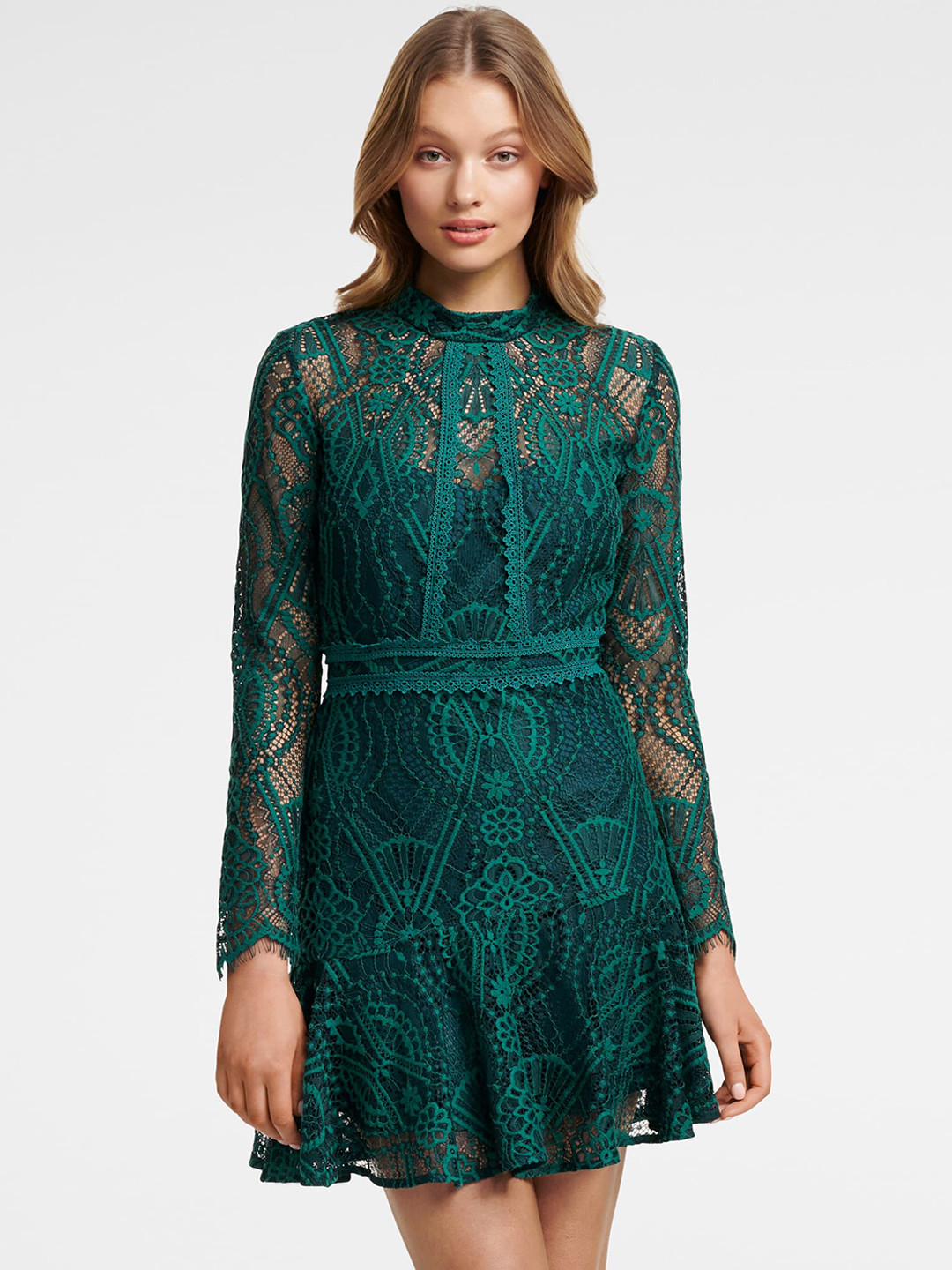 green lace fit and flare dress Green Lace Fit & Flare Tea-Length Party Dress