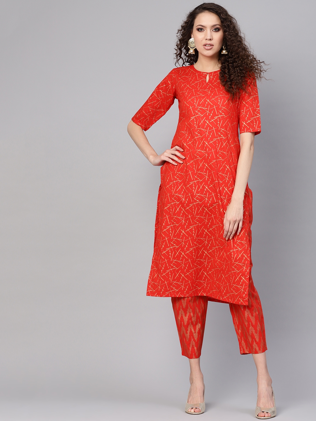 Buy GERUA Women Red & Golden Block Print Kurta With Trousers - Kurta ...