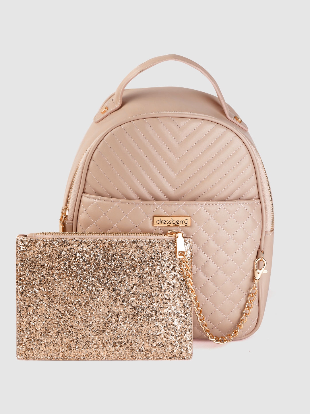 Buy DressBerry Women Beige Quilted Backpack With Pouch Backpacks