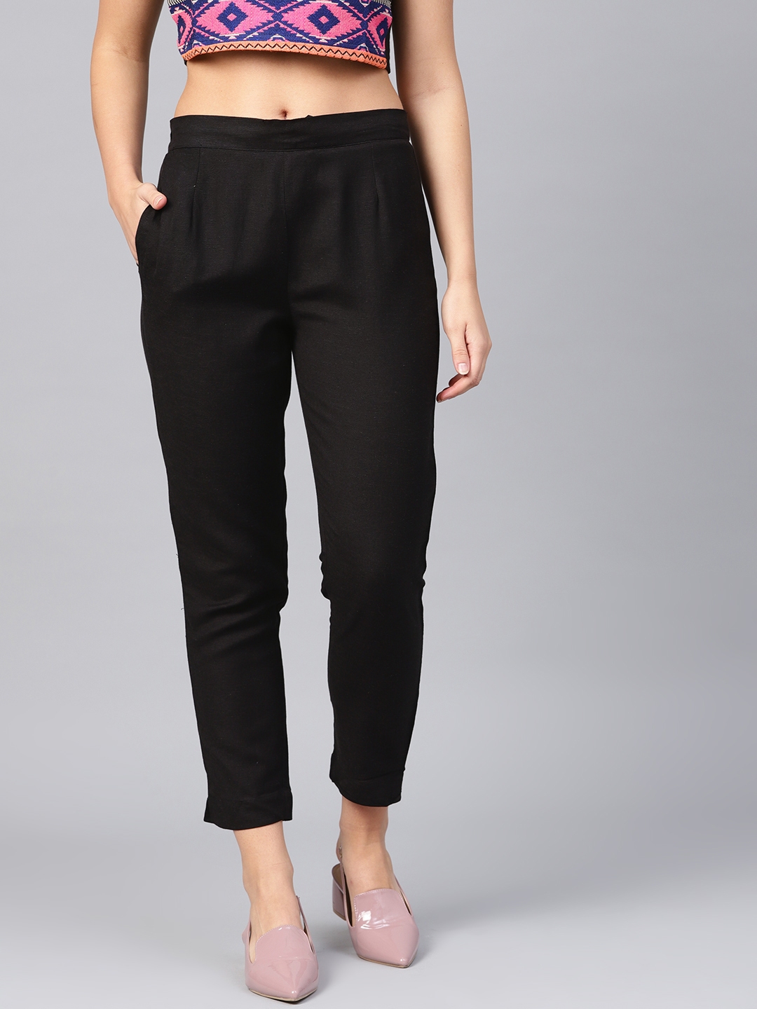 Buy Juniper Women Black Smart Slim Fit Solid Cropped Cigarette Trousers ...