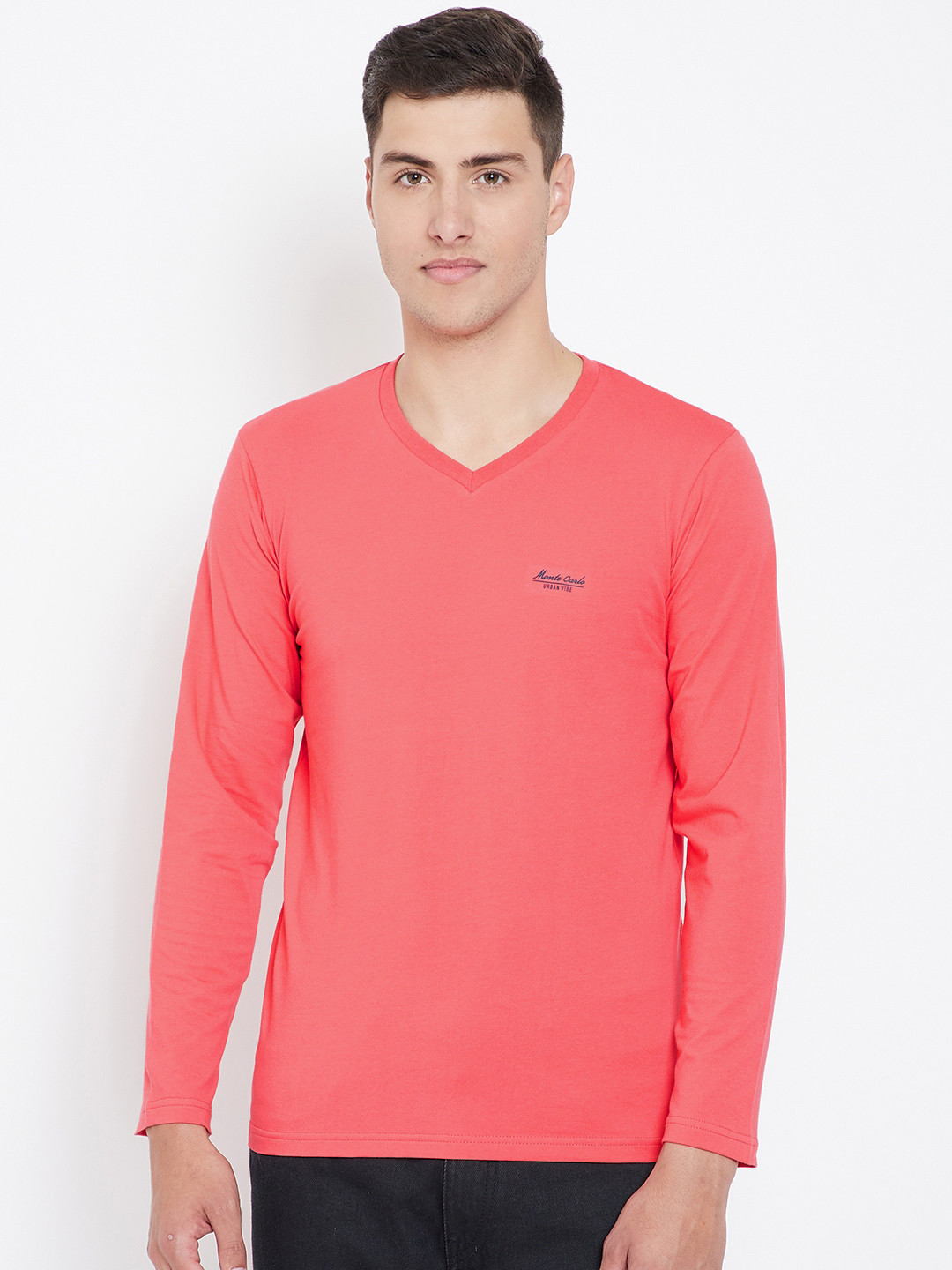 Buy Monte Carlo Men Pink Solid V Neck T Shirt Tshirts for Men