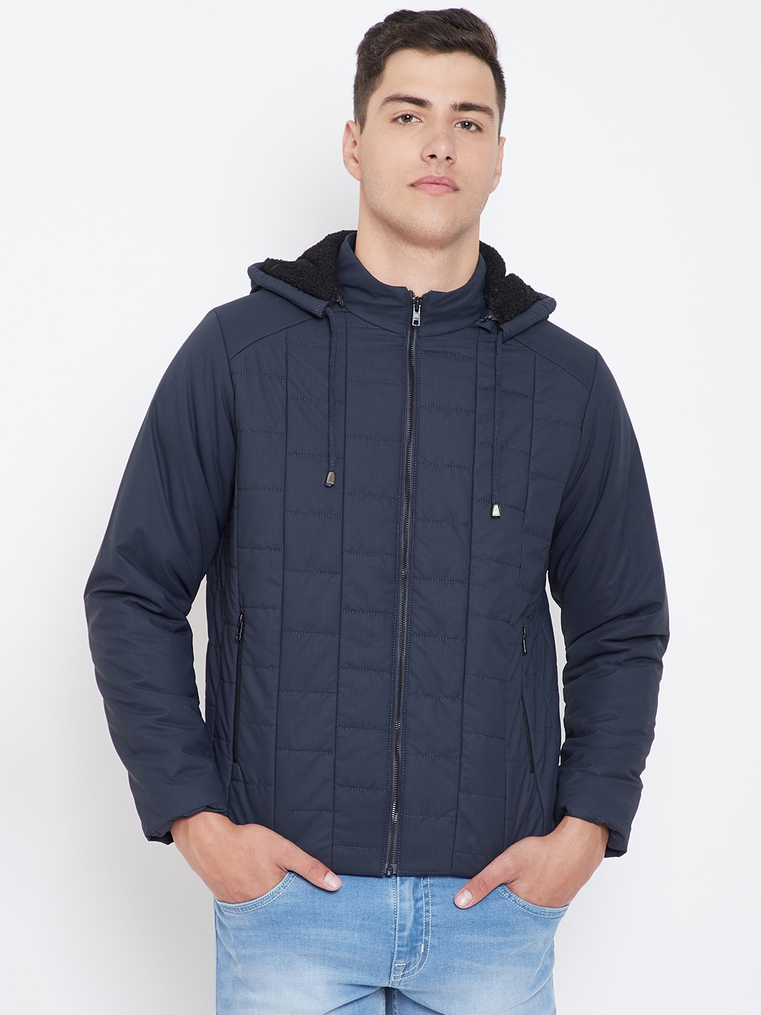 Buy Monte Carlo Men Navy Blue Solid Padded Jacket With Detachable Hood ...