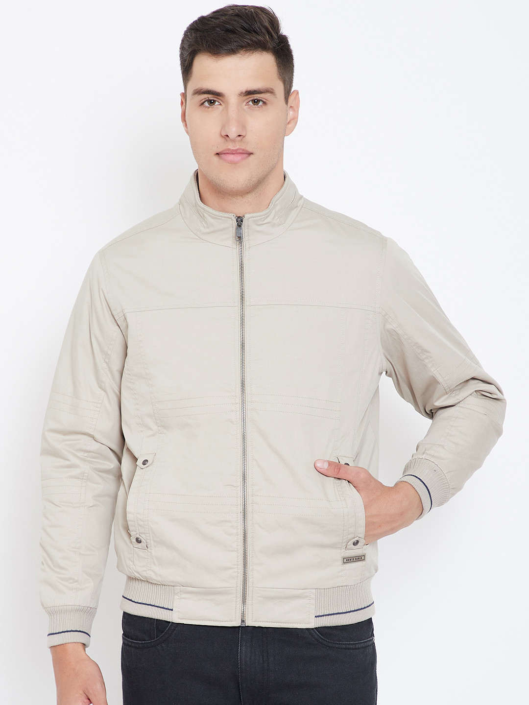 Buy Monte Carlo Men Beige Solid Bomber Jacket Jackets for Men