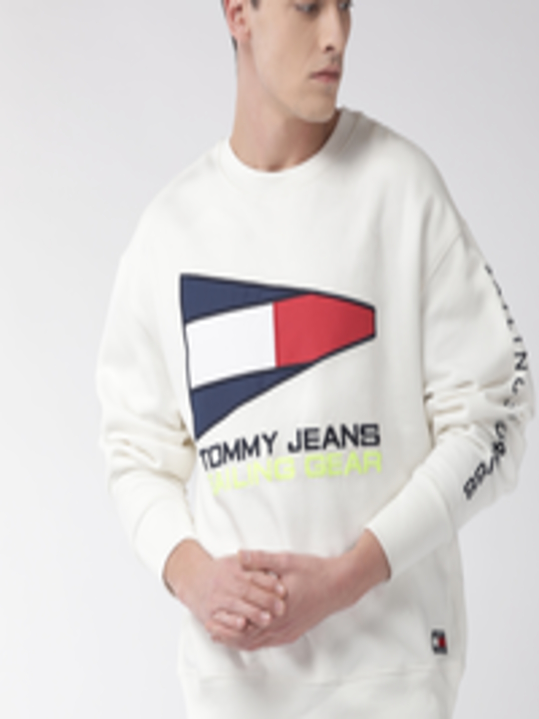 Buy Tommy Hilfiger Men White & Navy Blue Self Design Sweatshirt ...