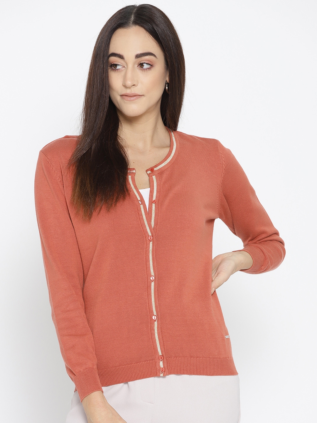 Buy Van Heusen Woman Women Rust Orange Solid Cardigan Sweaters for