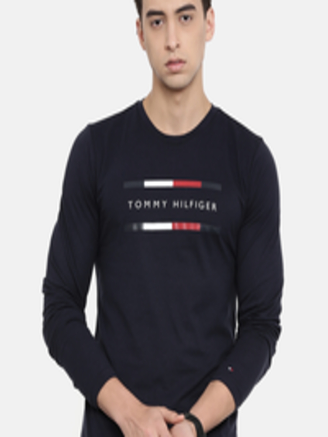 Buy Tommy Hilfiger Men Navy Blue Printed Round Neck Pure Cotton T Shirt ...
