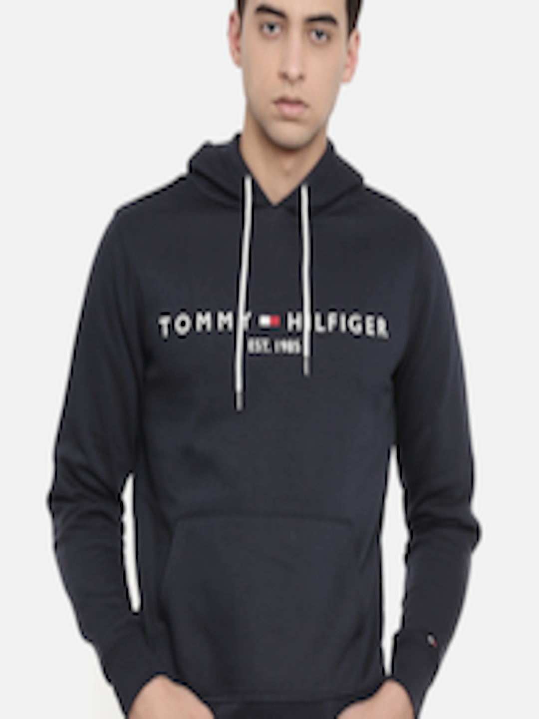 Buy Tommy Hilfiger Men Navy Blue Embroidered Hooded Sweatshirt ...