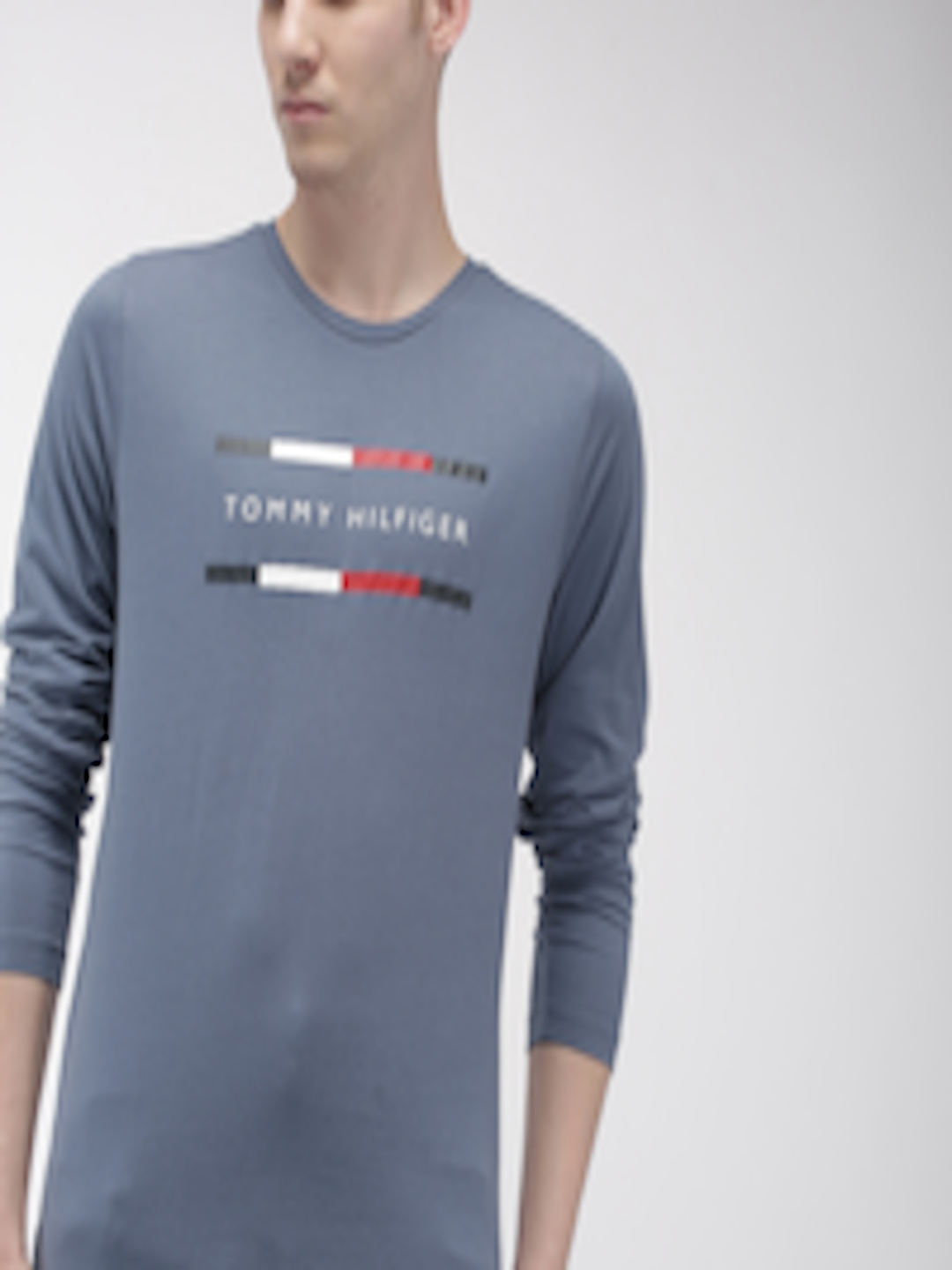 Buy Tommy Hilfiger Men Blue Printed Round Neck Pure Cotton T Shirt ...