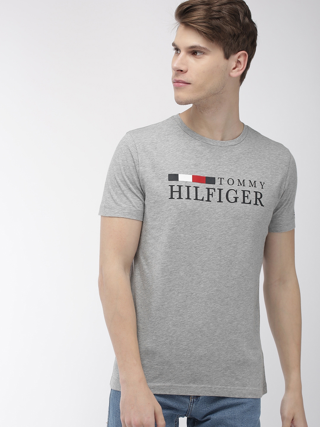 Buy Tommy Hilfiger Men Grey Melange Printed Round Neck T Shirt ...