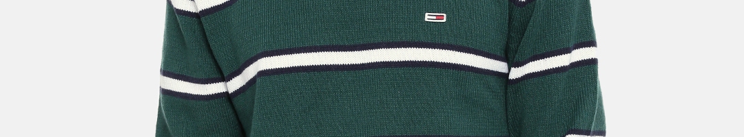 Buy Tommy Hilfiger Men Green & White Striped Sweater - Sweaters for Men ...