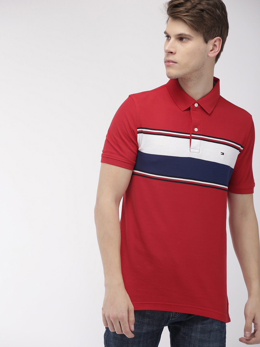Buy Tommy Hilfiger Men Red & White Striped Polo Collar T Shirt ...