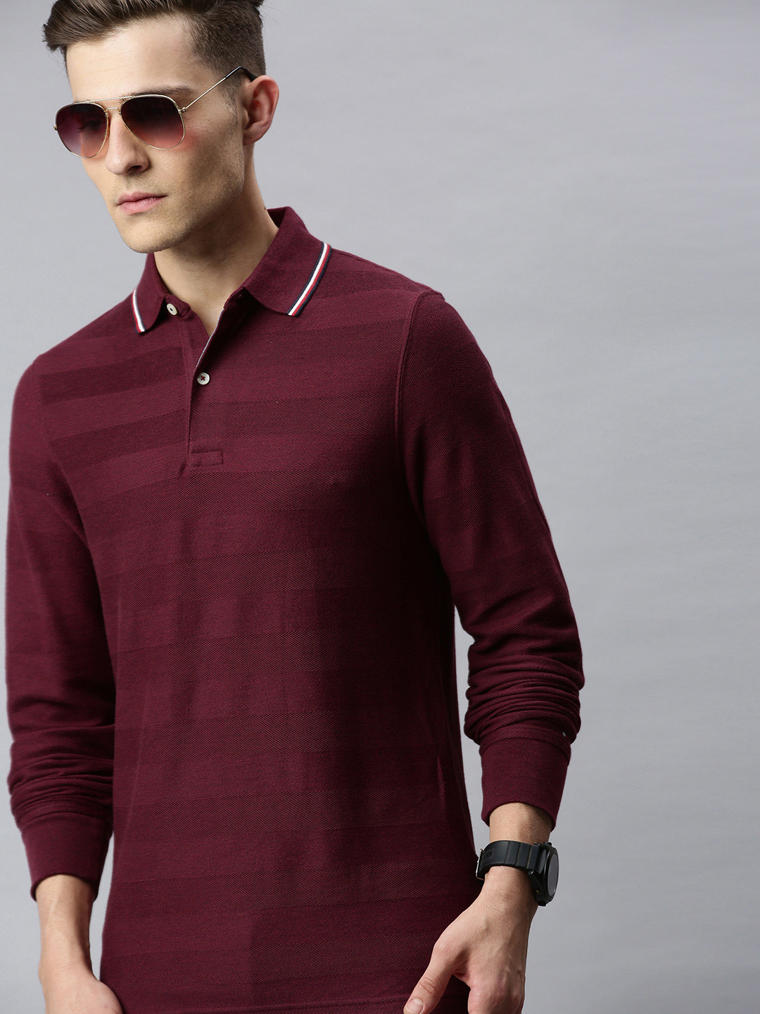 Buy Tommy Hilfiger Men Burgundy Self Striped Polo Collar Pure Cotton T Shirt - Tshirts for Men 