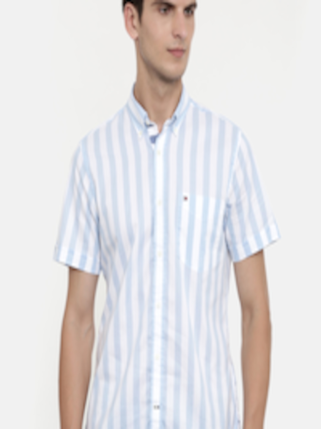 Buy Tommy Hilfiger Men White & Blue Slim Fit Striped Casual Shirt ...