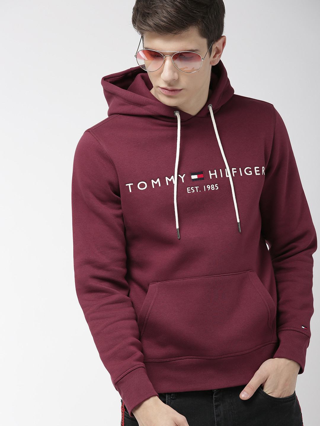 Buy Tommy Hilfiger Men Burgundy Embroidered Hooded Sweatshirt - Sweatshirts for Men 10537538 