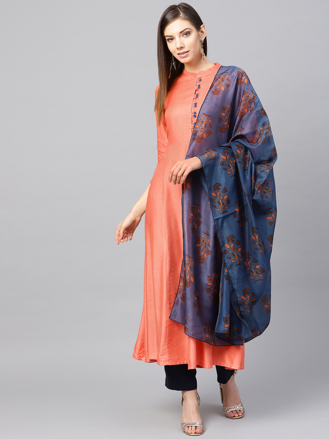 Buy Yufta Women Peach Coloured & Navy Blue Woven Design Anarkali Kurta ...