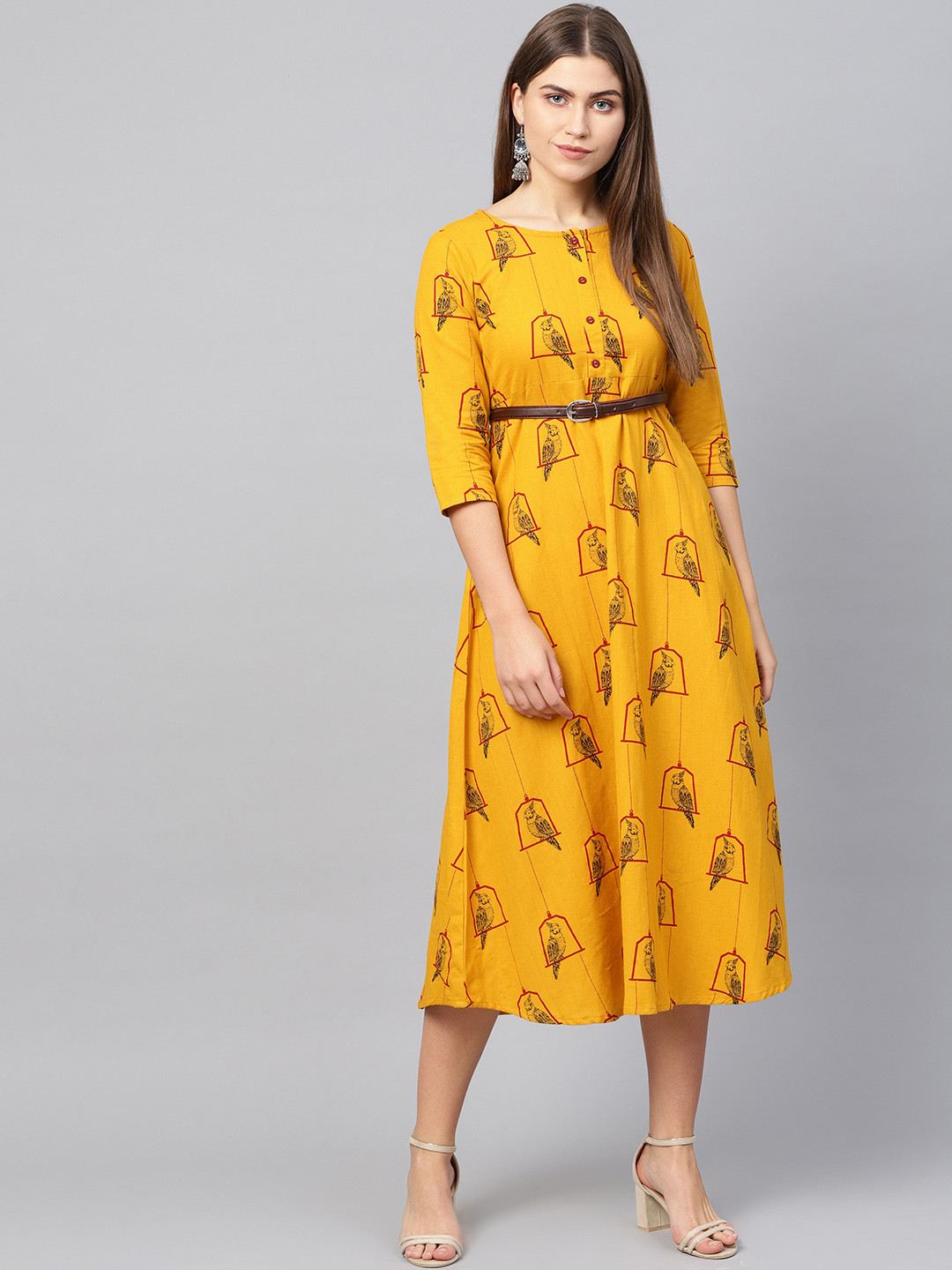 Buy Yufta Women Mustard Yellow & Black Printed A Line Dress Ethnic