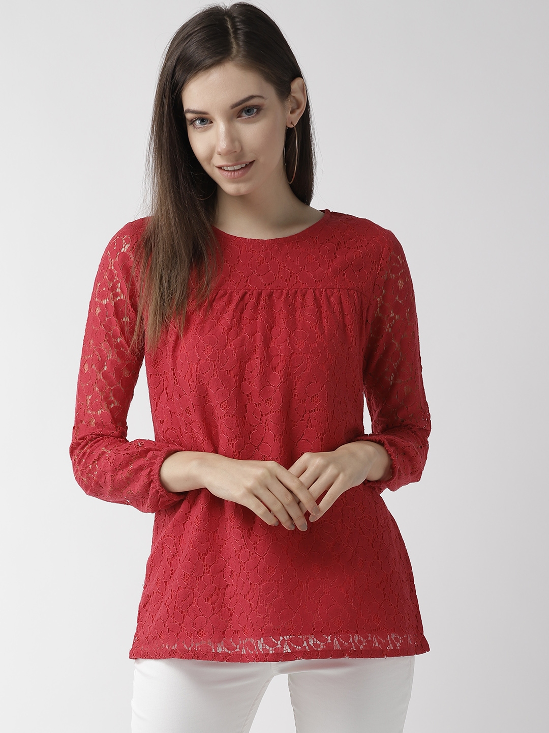 Buy Rue Collection Women Red Lace Pure Cotton Top - Tops for Women ...