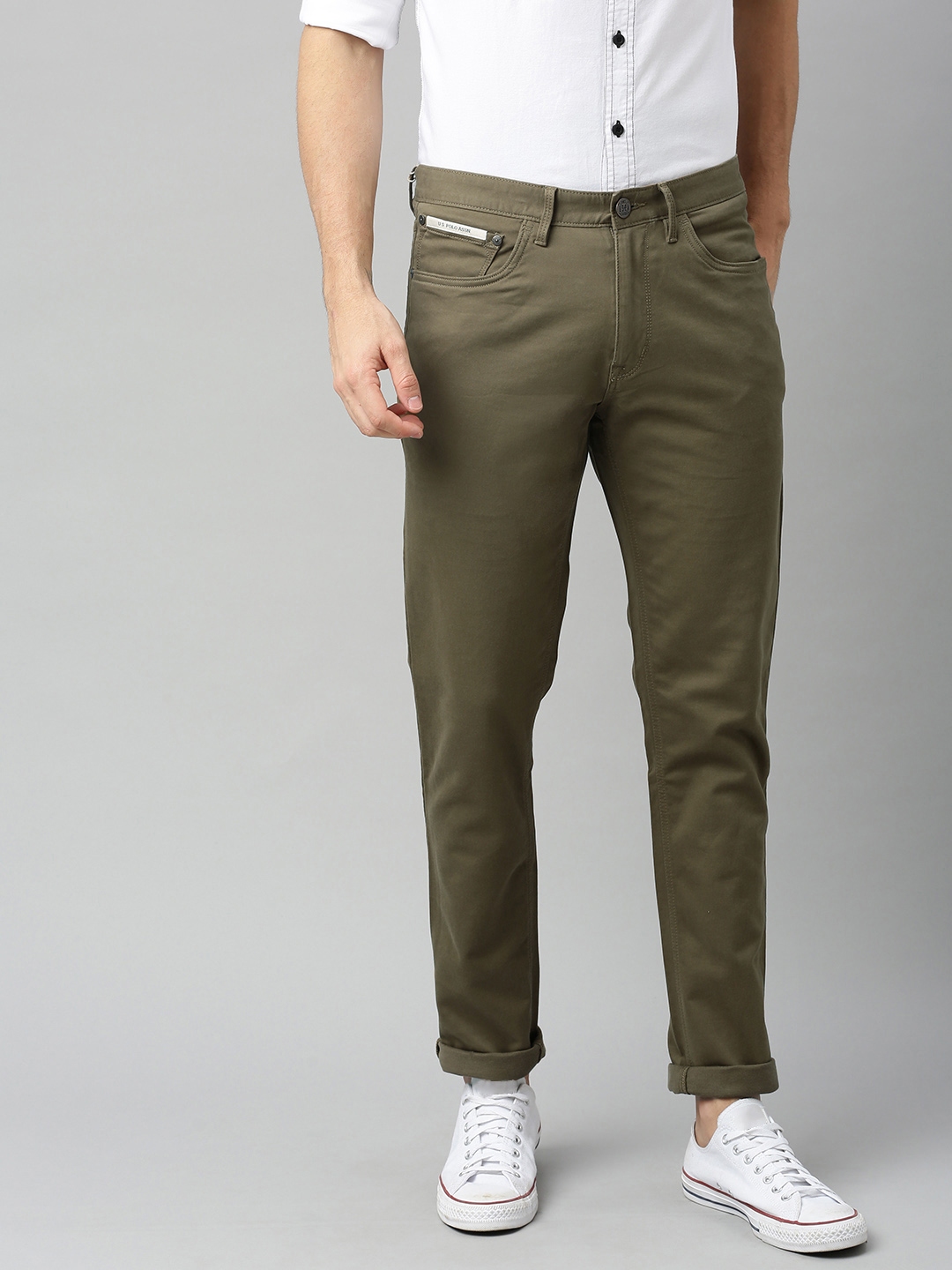 Buy U.S. Polo Assn. Men Olive Green Branoon Slim Tapered Fit Solid ...