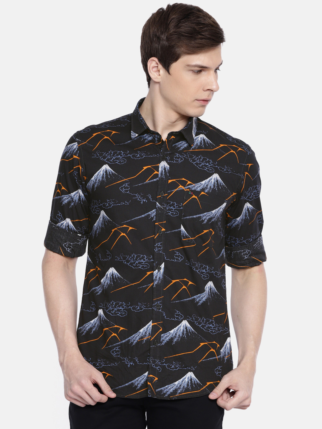 Buy Peter England Men Black & Orange Regular Fit Printed ...