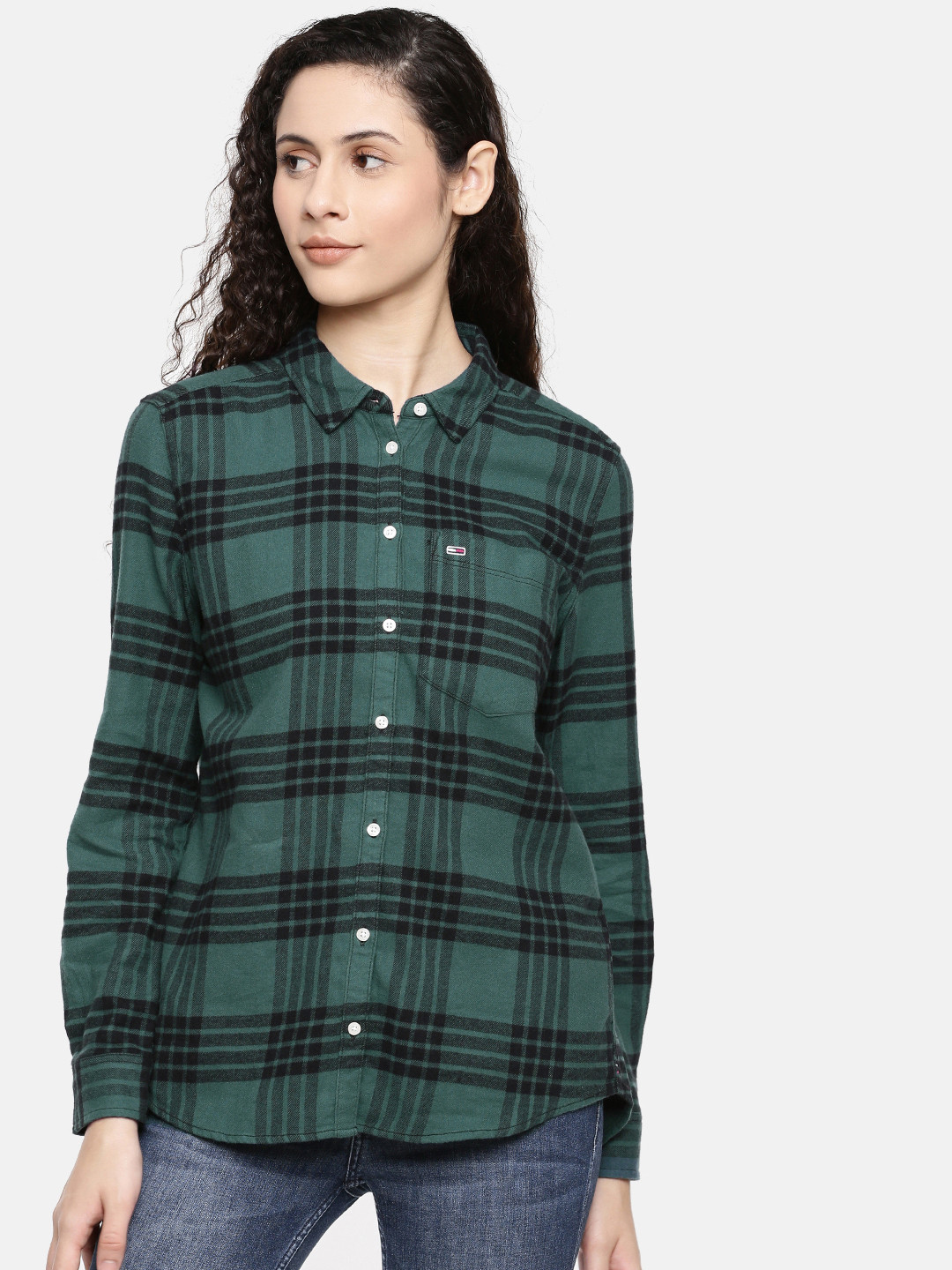 Buy Tommy Hilfiger Women Teal Green & Black Regular Fit Checked Casual Shirt - Shirts for Women 