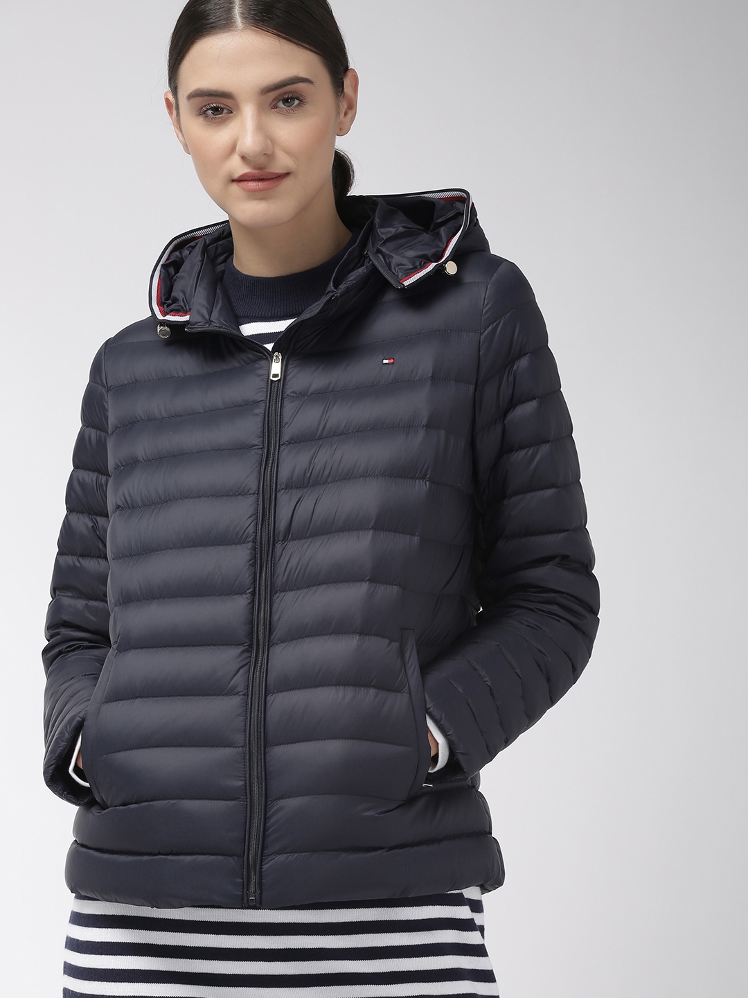 Buy Tommy Hilfiger Women Navy Blue Solid Puffer Jacket Jackets for