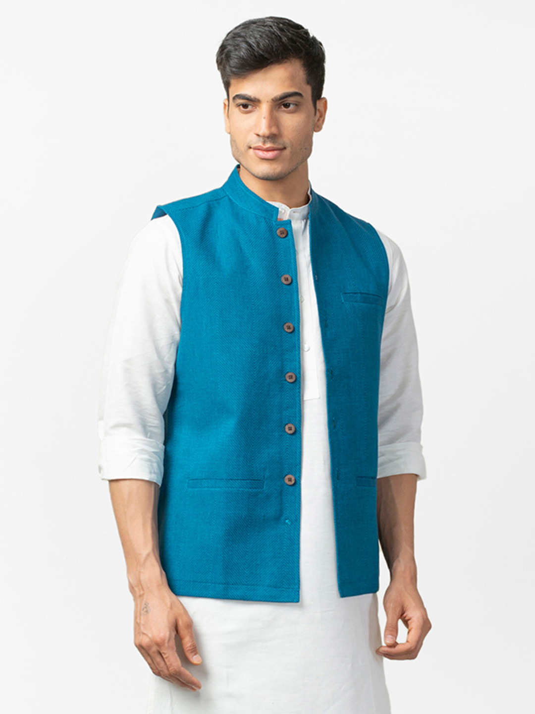 Buy Fabindia Men Teal Blue Chevron Patterned Pure Cotton Nehru Jacket