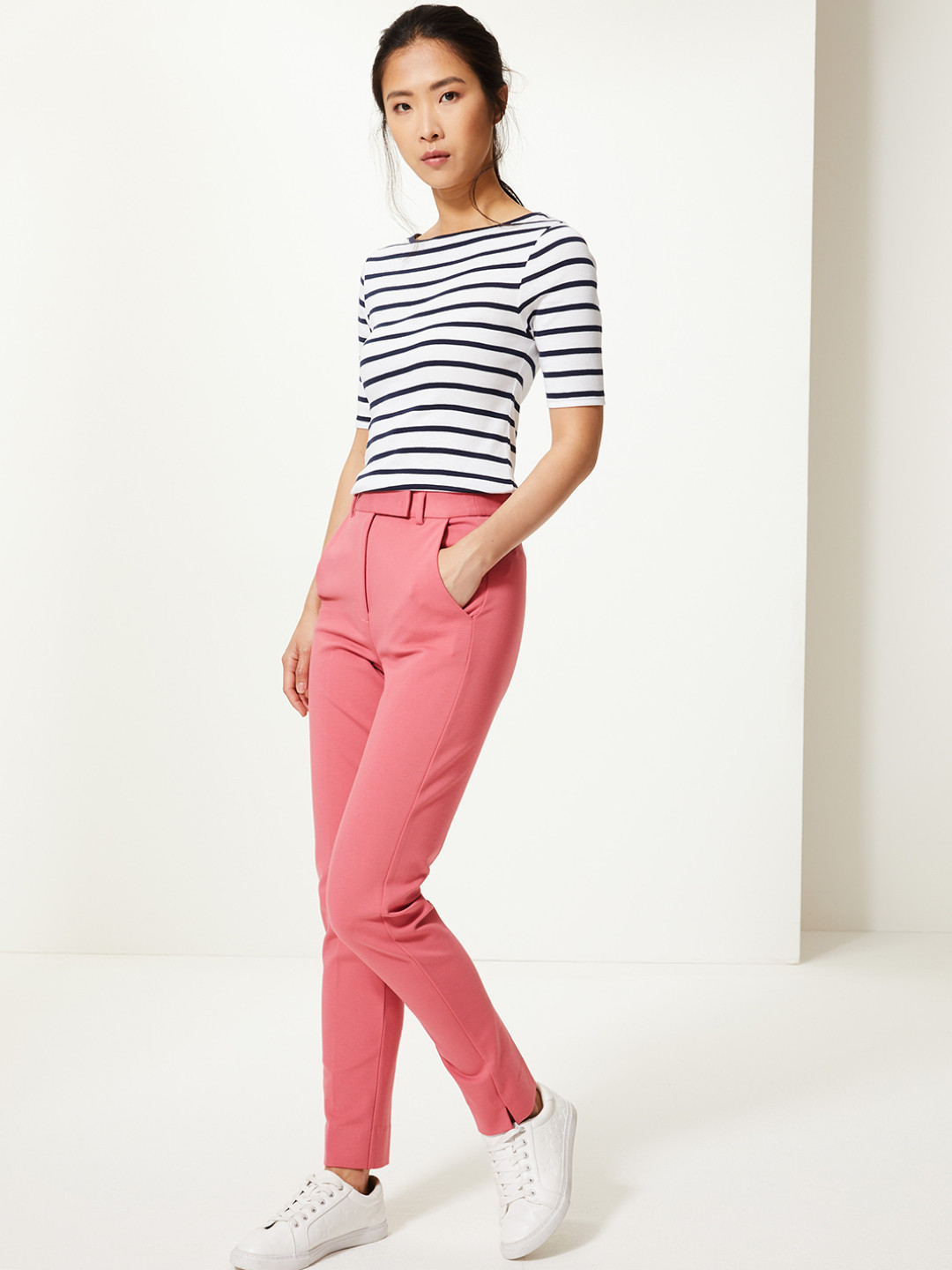 Buy Marks & Spencer Women Pink Slim Fit Solid Regular Trousers
