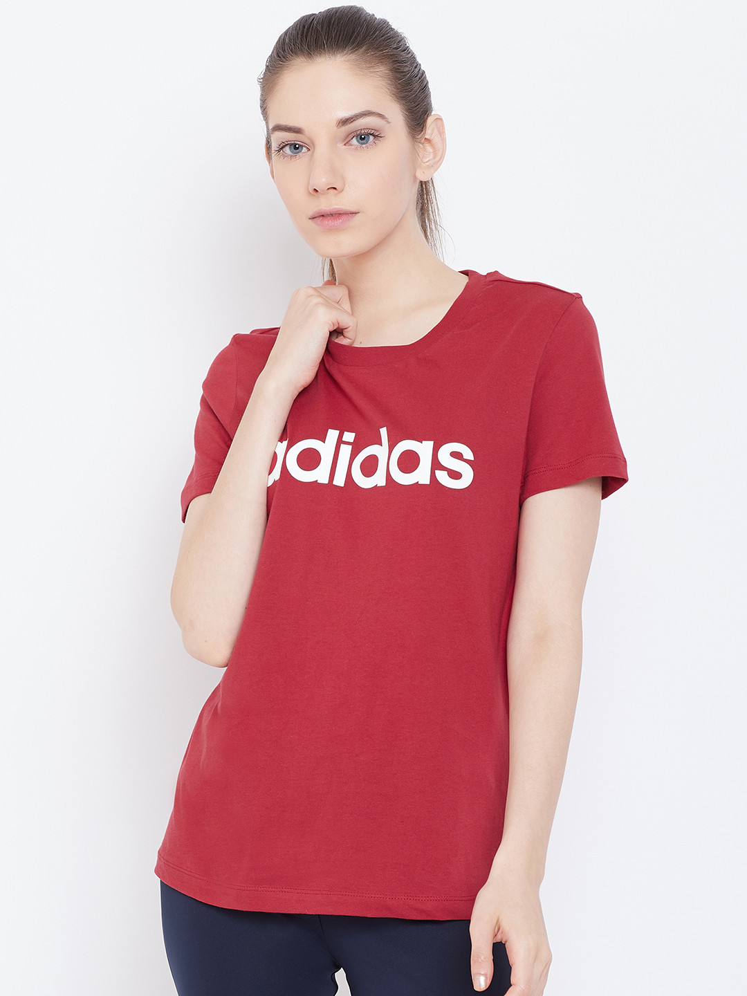 Buy ADIDAS Women Red Printed Essentials Linear Round Neck Training T