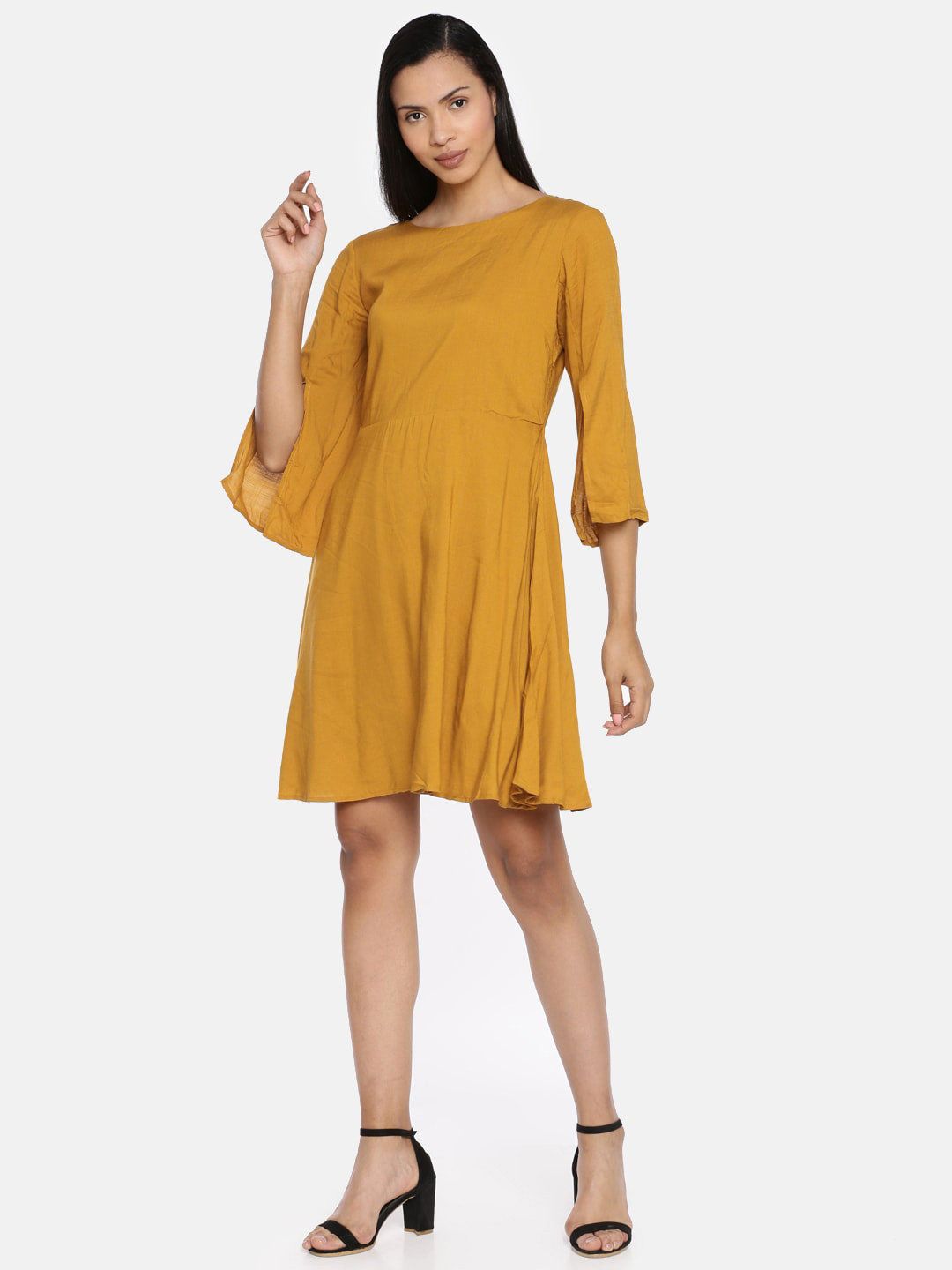 Buy AND Women Mustard Yellow Solid Fit And Flare Dress Dresses for