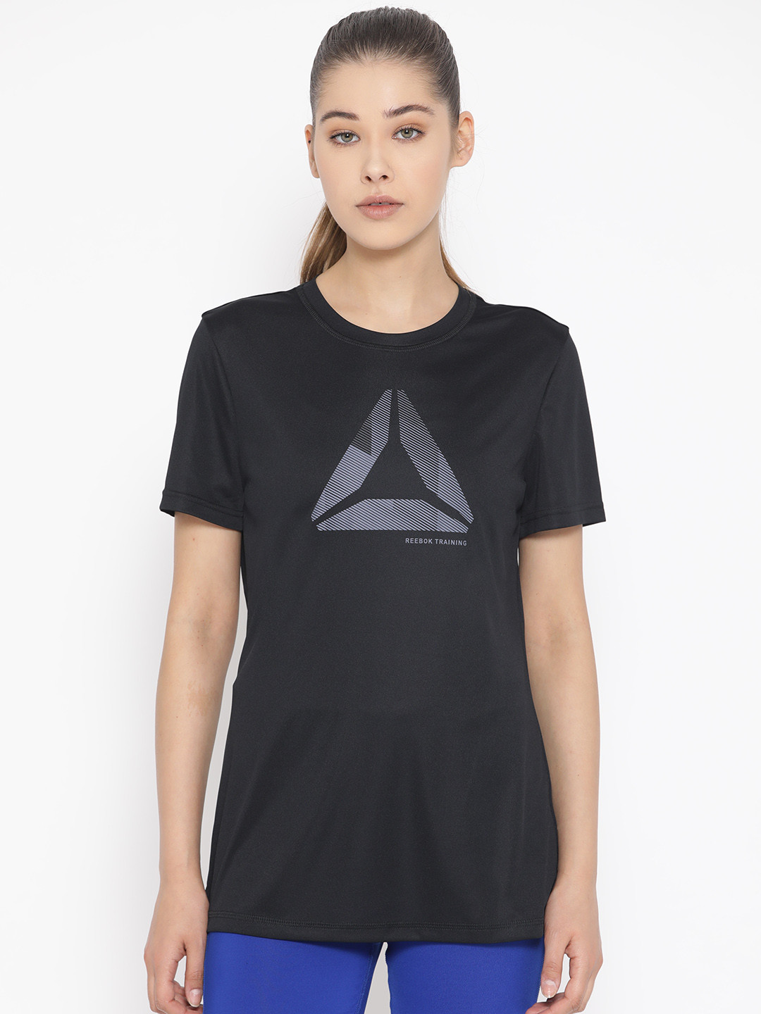Buy Reebok Women Black & Grey Printed Prime Graphic Training T Shirt