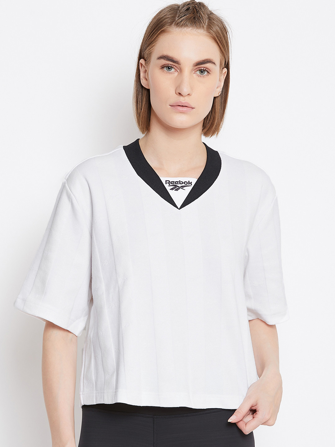Buy Reebok Classic Women White Self Striped Vector V Neck T Shirt